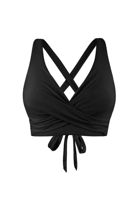 Plus Size Swimwear Women Lace Up Swimwear Tops Underwire Full Coverage Bikini Top Push Up Swim Crop Top Tie Back Bathing Suit Tops Black Xl