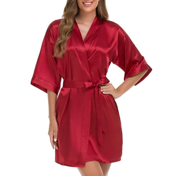 Clearance! Hontri Robes Women's Short Kimono Robe Silky Satin Bathrobe Bride Bridesmaids Getting Ready Sleepwear Soft Nightgown Bath Robes Unisex Red,S