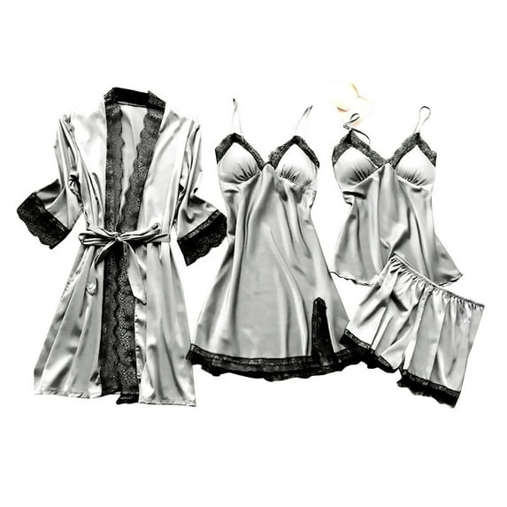 Clearance! Hontri Simulation Silk Nightgown, Nightdress, Pajama Pants Set Four-Piece Set Gray M