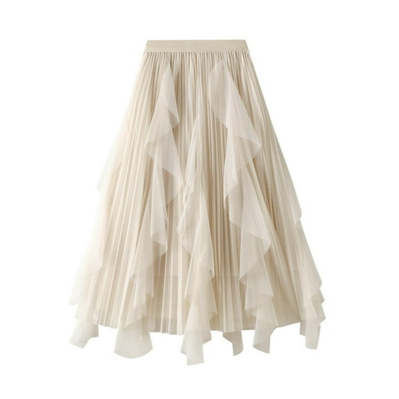 Clearance! Hontri Skirts for Women Women's A Line Fairy Elastic Waist Tulle Midi Skirt High Waist Skirts Mesh Dress Solid Color Irregular Yarn Skirt Skirts for Women Beige,One Size