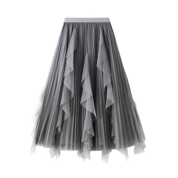Clearance! Hontri Skirts for Women Women's A Line Fairy Elastic Waist Tulle Midi Skirt High Waist Skirts Mesh Dress Solid Color Irregular Yarn Skirt Skirts for Women Grey,One Size