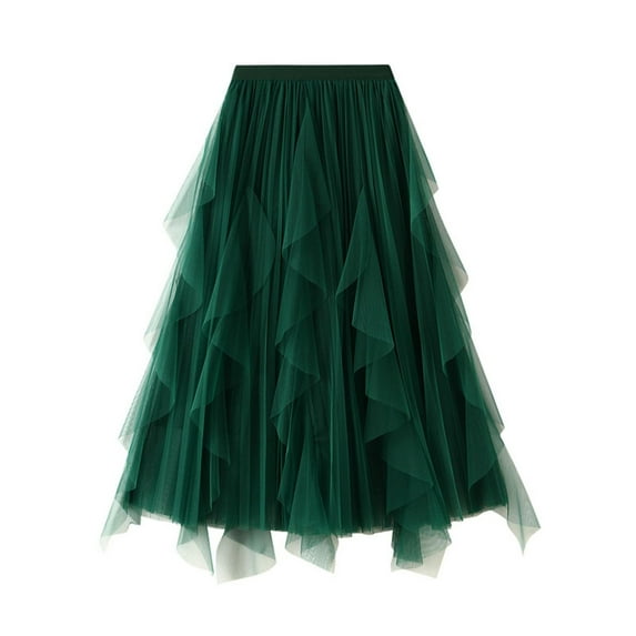 Clearance! Hontri Skirts for Women Women's A Line Fairy Elastic Waist Tulle Midi Skirt High Waist Skirts Mesh Dress Solid Color Irregular Yarn Skirt Skirts for Women Green,One Size
