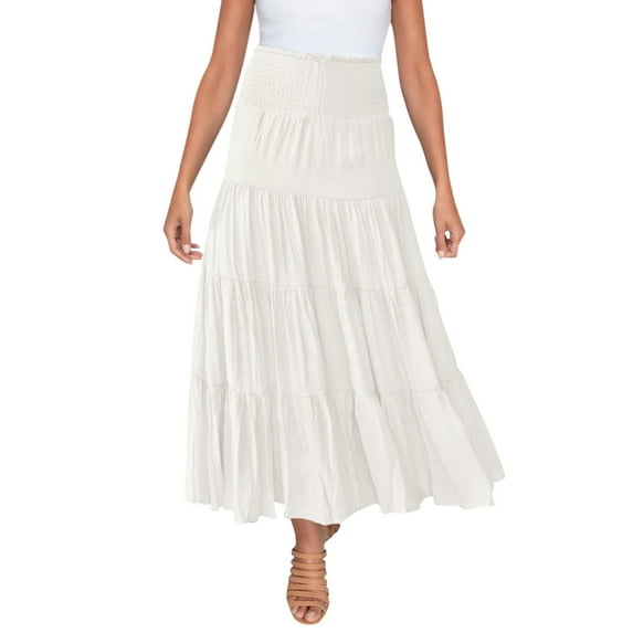 Clearance! Hontri Skirts for Women Women's Summer Elastic High Waist Boho Maxi Skirt Casual Drawstring A Line Long Skirt Skirts for Women White,M