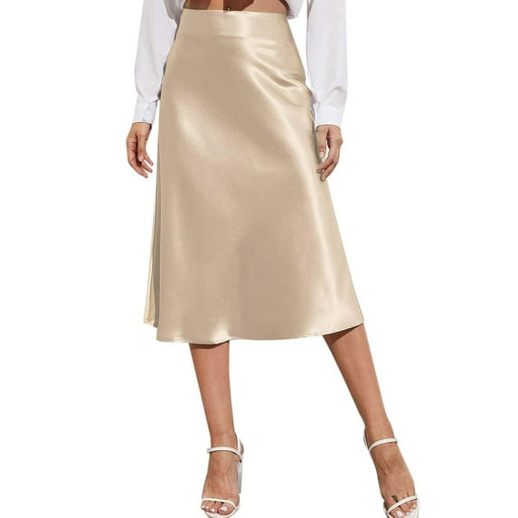 Clearance! Hontri Skirts for Women Womens High Waist Midi Skirt Solid Satin Dress Zipper Elegant Summer Skirts Skirts for Women Khaki,Xs