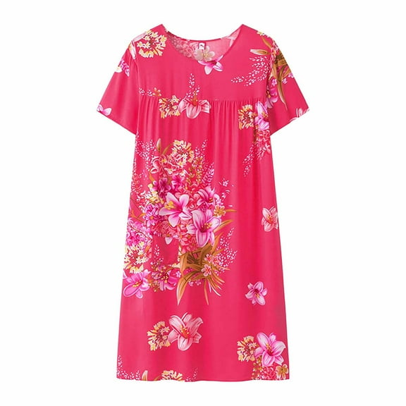 Clearance! Hontri Summer Cotton Silk Short Sleeved Sleep Dress for Middle Aged Women New Loose Fitting Home Wear Elderly Sleepwear Plus Size Dress Nightgowns for Women Hot Pink