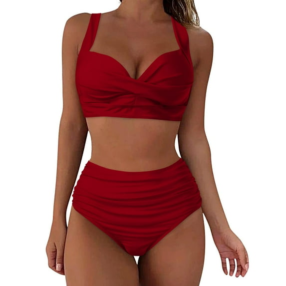 Clearance! Hontri Women High Waisted Bikini Sexy Push up Two Piece Swimsuits Vintage Swimsuit Two Piece Retro Ruched High Waist Print Bikini Set Tankini Swimsuits for Women Wine Xl