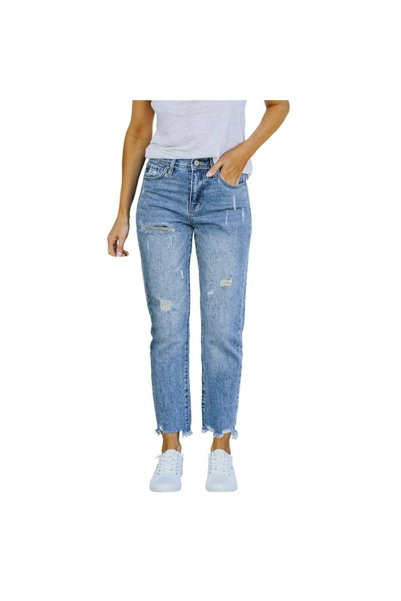 Clearance! Hontri Women Stretchy High Waisted Straight Leg Ripped Boyfriend Jeans Frayed Ankle Denim Pants Women's Jeans Sky Blue L