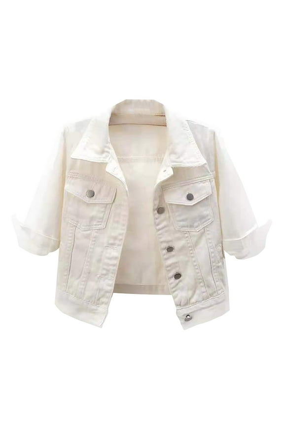 Clearance! Hontri Women's 3/4 Sleeve Colored Cropped Denim Jacket Light Wash Jacket Lohas Time Coat Women's Casual Jackets White S