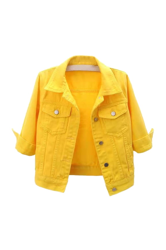 Clearance! Hontri Women's 3/4 Sleeve Colored Cropped Denim Jacket Light Wash Jacket Lohas Time Coat Women's Casual Jackets Yellow S