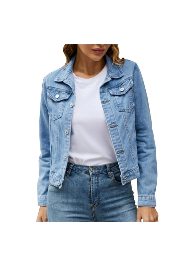 Clearance! Hontri Women's Basic Solid Color Button Down Denim Cotton Jacket with Pockets Denim Jacket Coat Women's Denim Jackets Blue Xxl
