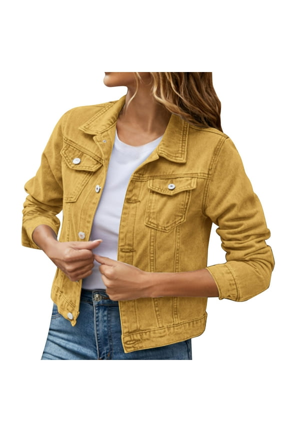 Clearance! Hontri Women's Basic Solid Color Button Down Denim Cotton Jacket with Pockets Denim Jacket Coat Women's Denim Jackets Yellow Xl