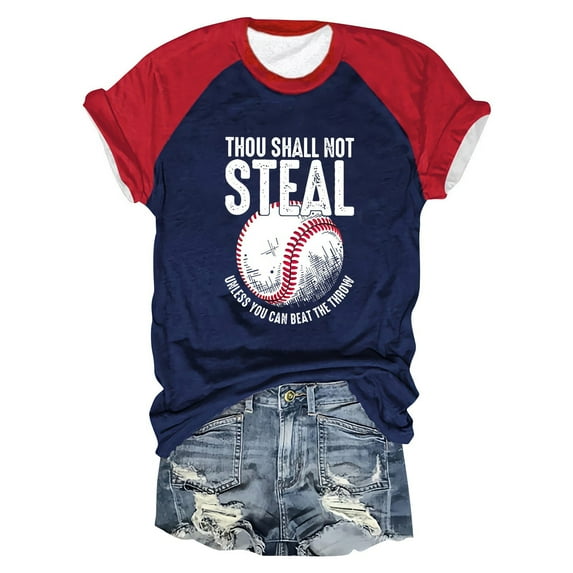 Clearance! Hontri Women's Color Block Raglan Baseball Letters Printed Round Neck Casual Short Sleeve Baseball T Shirt Women's T-Shirts Dark Blue S