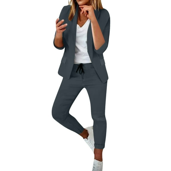 Clearance! Hontri Women's Office Trouser Suit Trouser Suit Trousers 2 Piece Suit Plain Two Piece Slim Fit Sporty Trouser Suit Women's Trousers Suit Grey L