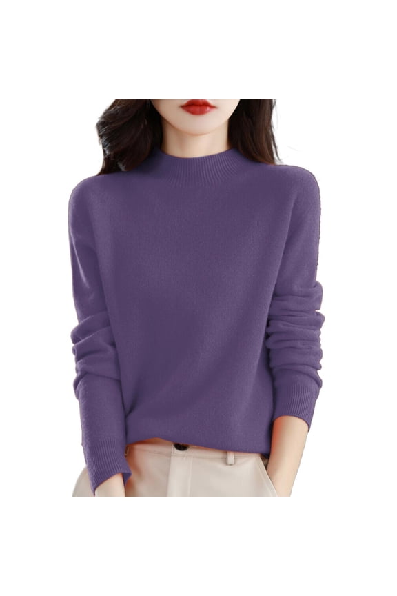 Clearance! Hontri Women's Semi Turtleneck Sweater Long Sleeve Solid Color Pullover with A Base Shirt Autumn And Winter Warm Loose Sweater Women's Pullover Sweater Purple L