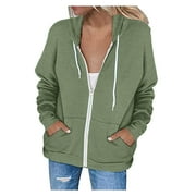 Clearance! Hontri Womens Hoodie Full Zip Long Sleeve Lightweight Sweatshirts Pockets Jacket Coat Women's Fleece Jackets & Coats Army Green L