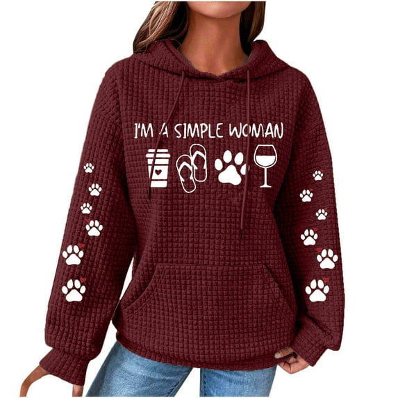 Clearance!Hoodies Waffle Sweatshirt Plus Size Long Sleeve Womens Tops Cute Dog Paw Print Kawaii Hooded Hoodie Tops Loose Fit Casual Hooded Pullover Sweatshirts with Pocket