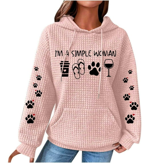Clearance!Hoodies Waffle Sweatshirt Plus Size Long Sleeve Womens Tops Cute Dog Paw Print Kawaii Hooded Hoodie Tops Loose Fit Casual Hooded Pullover Sweatshirts with Pocket