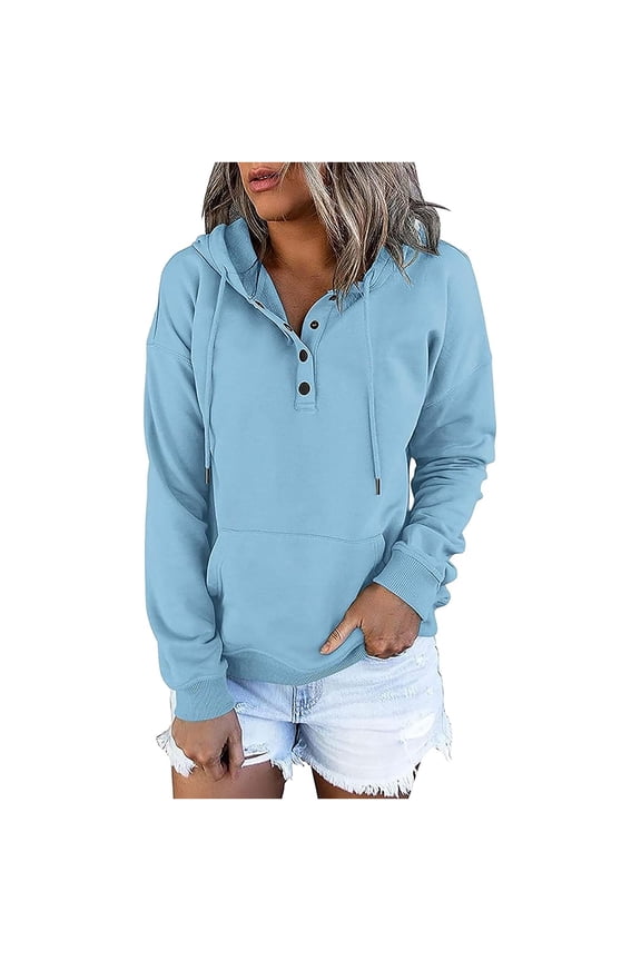 Hoodies for Women Fall Winter Plain Hooded Sweatshirts V Neck Button Up Hoodie Solid Color Casual Long Sleeve Pullover Hoody Sweatshirt Blouses Tops