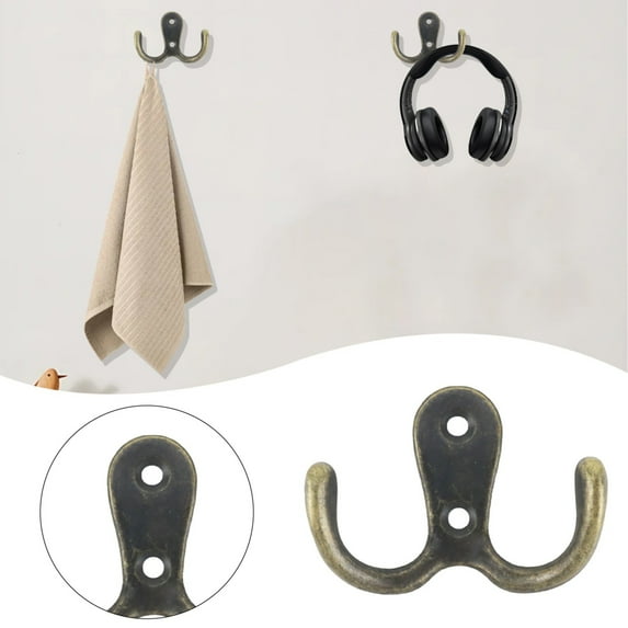 Clearance Hooks under $5 Double Fork Coat And Hat Hook Wall Mounted Antique Brass Wall Hook Practical Rural Hook Suitable For Jackets Scarves Bags Towels Keys Hats Cups Hats