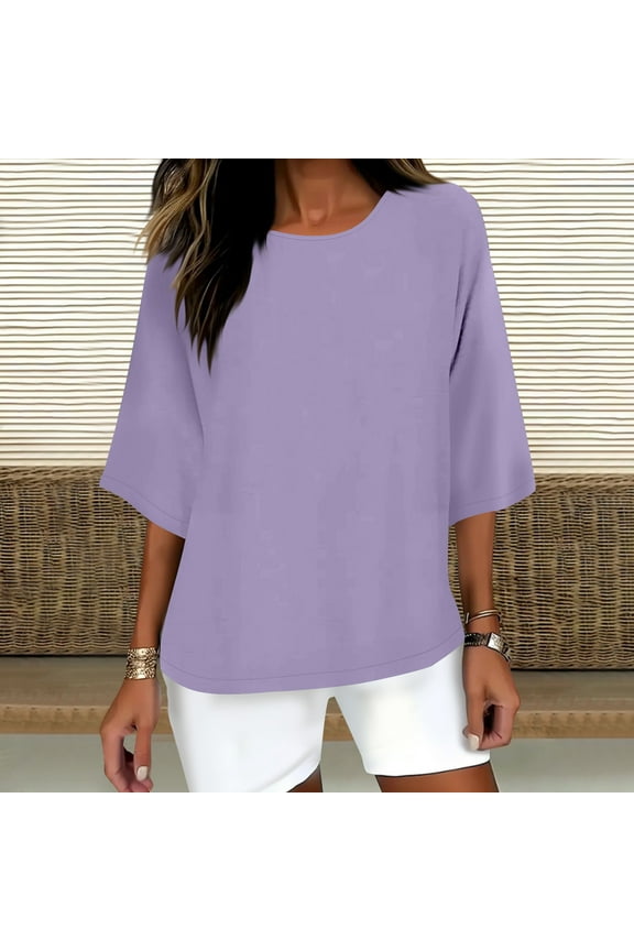 3/4 Length Sleeve Womens Tops Summer Casual Plus Size Linen Shirts Loose Crew Neck Solid Color Blouses(S-5XL)