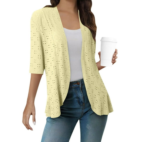 Horkkom 3/4 Sleeve Cardigan for Women Casual Open Front Lightweight Cardigans Solid Color Hollow out Summer Jackets Yellow L