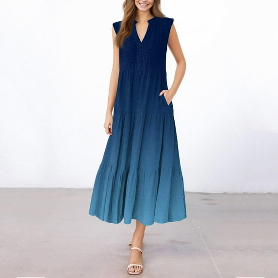Horkkom A Line Dresses for Women Summer Casual Midi Dresses V Neck Gradient Print Sleeveless Dress Beach Vacasion Pleated Dress Blue 2XL