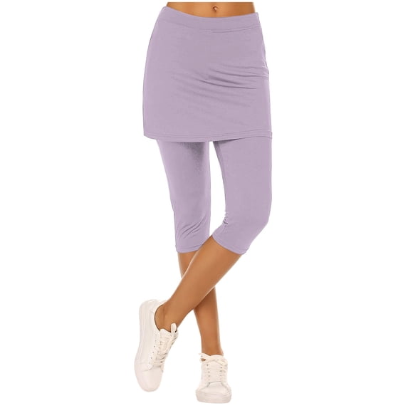 Horkkom Athletic Skirts Women Elastic Waist Capris Skirted Leggings Solid Color Stretch Yoga Pants Purple 2XL