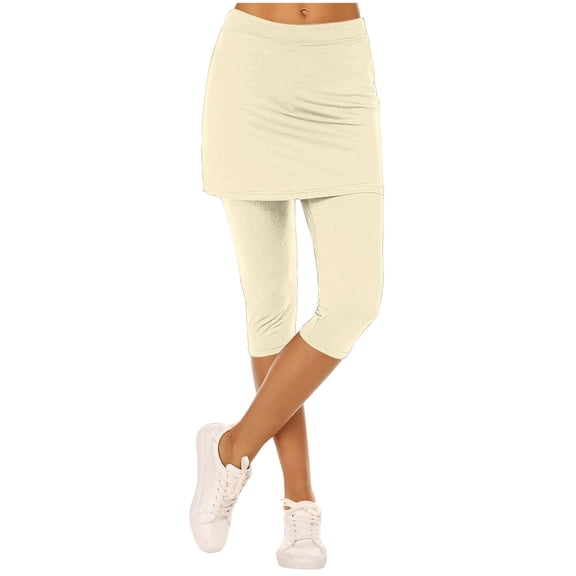 Horkkom Athletic Skirts Women Elastic Waist Skirted Leggings Capris Pants Solid Color Stretch Yoga Pants Beige XL