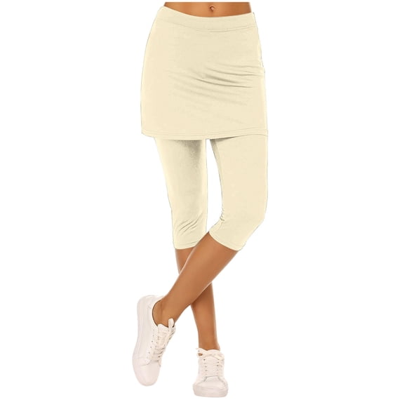 Horkkom Athletic Skirts Women Elastic Waist Skirted Leggings Capris Pants Solid Color Stretch Yoga Pants Beige XL