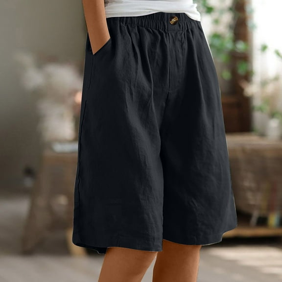Horkkom Bermuda Shorts for Women Summer Elastic Waist Linen Shorts Casual Solid Color Button Beach Pants with Pockets Black M
