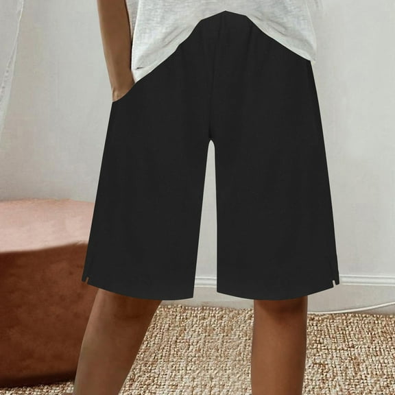 Horkkom Bermuda Shorts for Women Summer Loose Linen Shorts Solid Color Elastic Waist Beach Shorts with Pockets Black XL