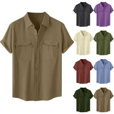 Clearance Horkkom Bowling Shirts for Men Casual Short Sleeve Hawaiian Shirt Summer Loose Solid Color Button Up Shirt with Pockets