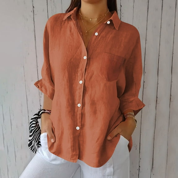 Horkkom Button Down Shirts for Women Summer Long Sleeve Linen Shirts Casual V Neck Solid Color Cardigan with Pocket Brown L