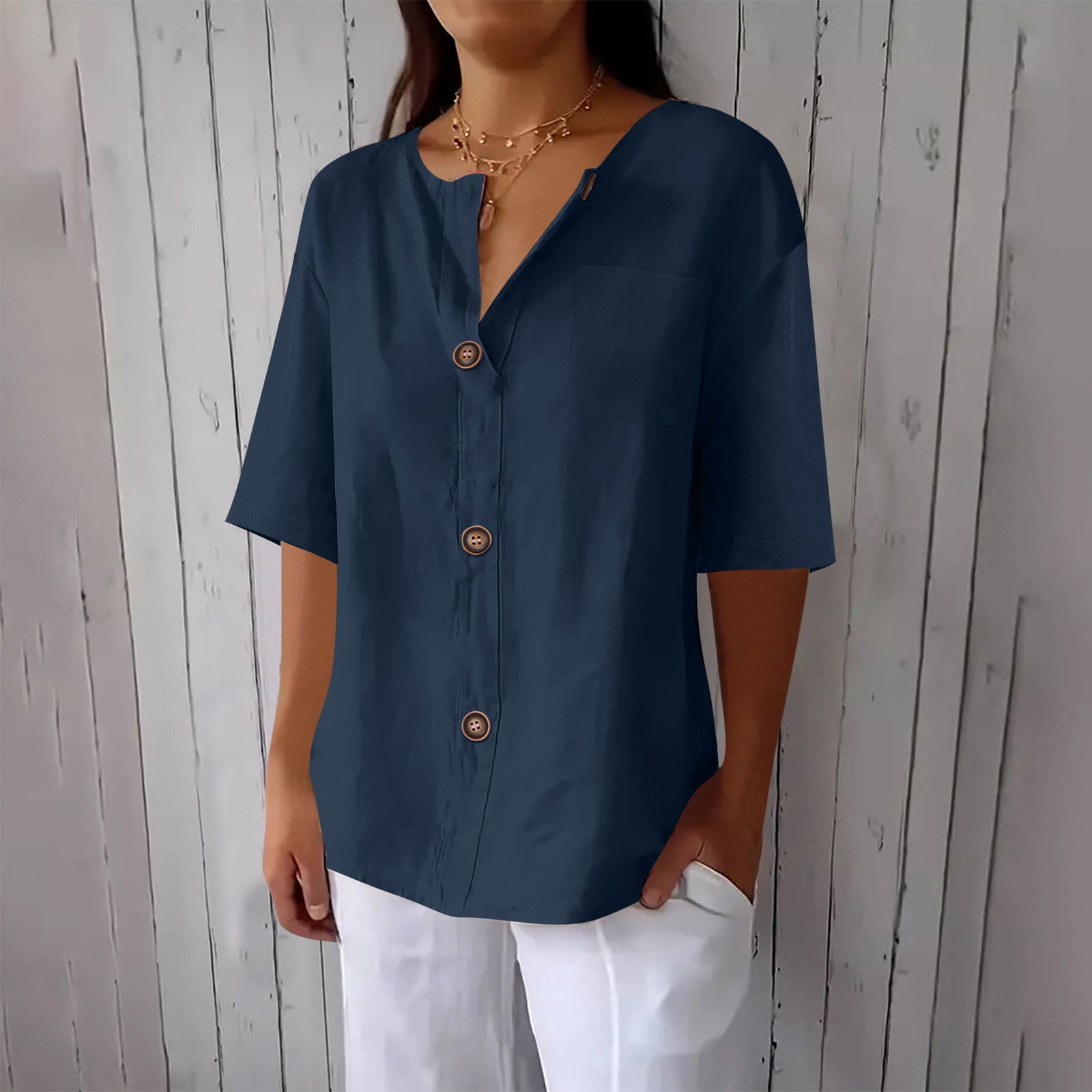 Horkkom Button Down Shirts for Women Summer Solid Color Short Sleeve ...