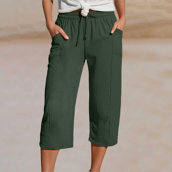 Horkkom Capris Pants for Women Elastic Waist Drawstring Linen Pants with Pockets Casual Solid Color Beach Pants Green L