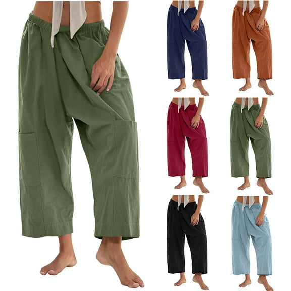 Horkkom Cargo Pants Women Elastic Waist Solid Color Linen Pants Summer Casual Beach Loose Pants with Pockets Red 2XL
