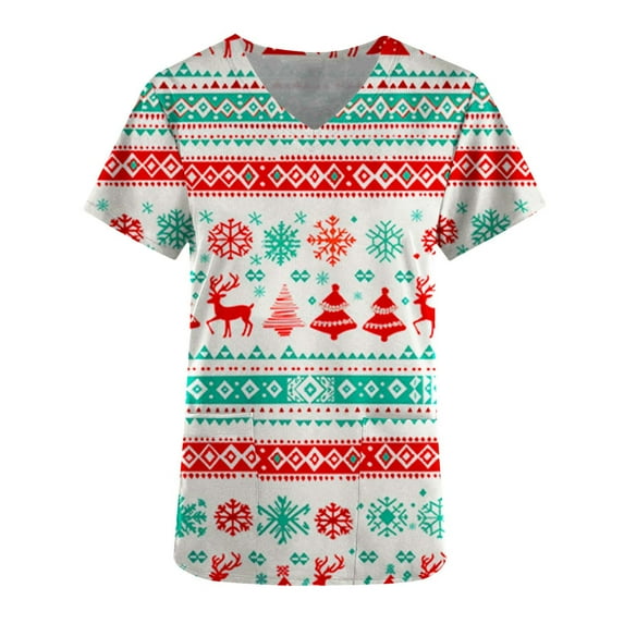 Clearance Horkkom Christmas Scrub Tops Women Christmas Tree Printed Nurse Scrubs V Neck Short Sleeve Uniform T-shirt with Pockets