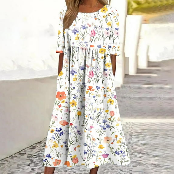 Horkkom Floral Dress for Women Summer Short Sleeve Maxi Dresses Casual Crew Neck Pleated Dress with Pockets White 2XL