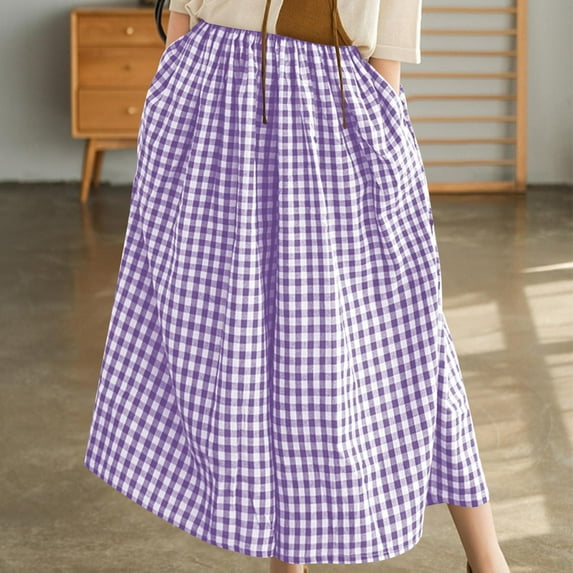 Horkkom Gingham Pants Women Casual Wide Leg Pants Elastic Waist Plaid Capris with Pocket Purple 2XL