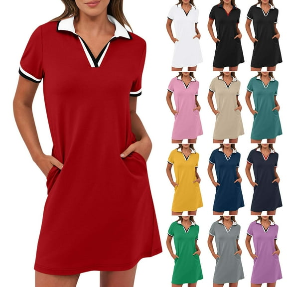 Horkkom Golf Dresses for Women Summer Short Sleeve Mini Dresses Athletic V Neck Sundresses with Pockets Red L