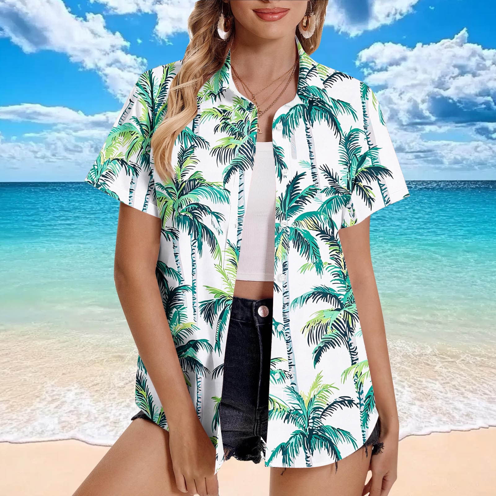 Horkkom Hawaiian Shirts for Women Summer Plus Size Short Sleeve Button ...