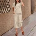 thumbnail image 1 of Horkkom Linen Sets for Women 2 Piece Summer Travel Vacation Outfits Two Piece Sets Crew Neck Short Sleeve Shirts Elastic Waist Capris Pants 2 Piece Sets Beige L, 1 of 5