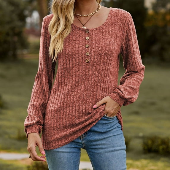 Horkkom Long Sleeve Shirts for Women Casual Crew Neck Tunic Tops Solid Color Button Pullover Sweaters, Gifts for Women