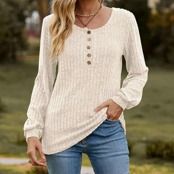 Horkkom Long Sleeve Shirts for Women Casual Crew Neck Tunic Tops Solid Color Button Pullover Sweaters, Gifts for Women