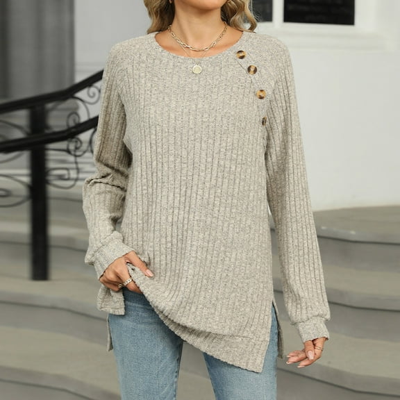 Horkkom Long Sleeve Shirts for Women Loose Dressy Crew Neck Tunic Tops Pullover Basic Sweaters for Women, Gifts for Women