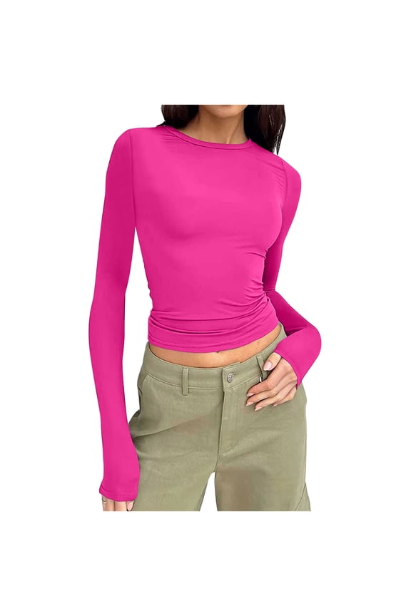 Long Sleeve Shirts for Women Solid Color Round Neck Tops Fall Slim Comfortable Lightweight Blouses, Gifts for Women