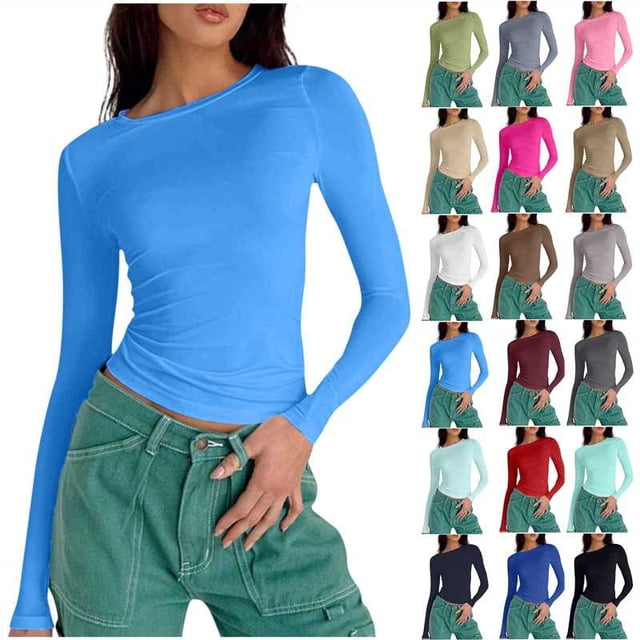 Horkkom Long Sleeve Shirts for Women Solid Color Round Neck Tops Slim Comfortable Lightweight Underscrubs Blouses, Gifts for Women