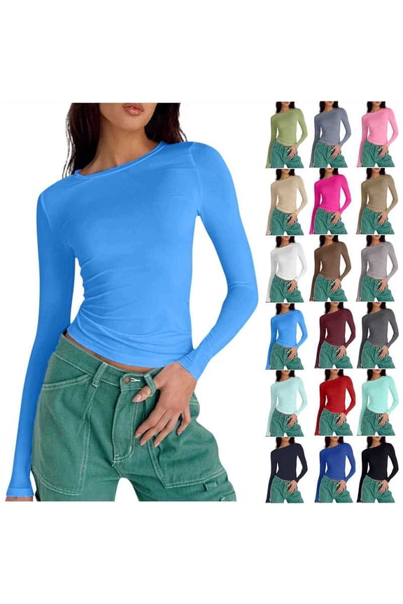 Long Sleeve Shirts for Women Solid Color Round Neck Tops Slim Comfortable Lightweight Underscrubs Blouses, Gifts for Women