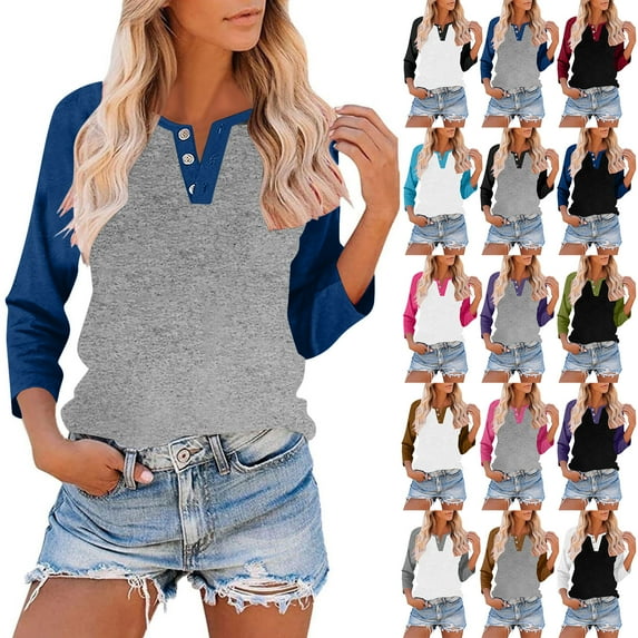 Horkkom Long Sleeve Tops for Women V Neck Button Spring Fall Tops Pullover Color Block Casual Tops Blue S