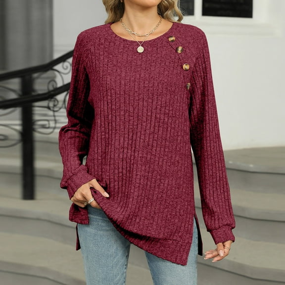 Horkkom Long Sleeve Womens Fall Tops Crew Neck Knit Shirts Pullover Button Side Split Solid Color Sweaters, Gifts for Women